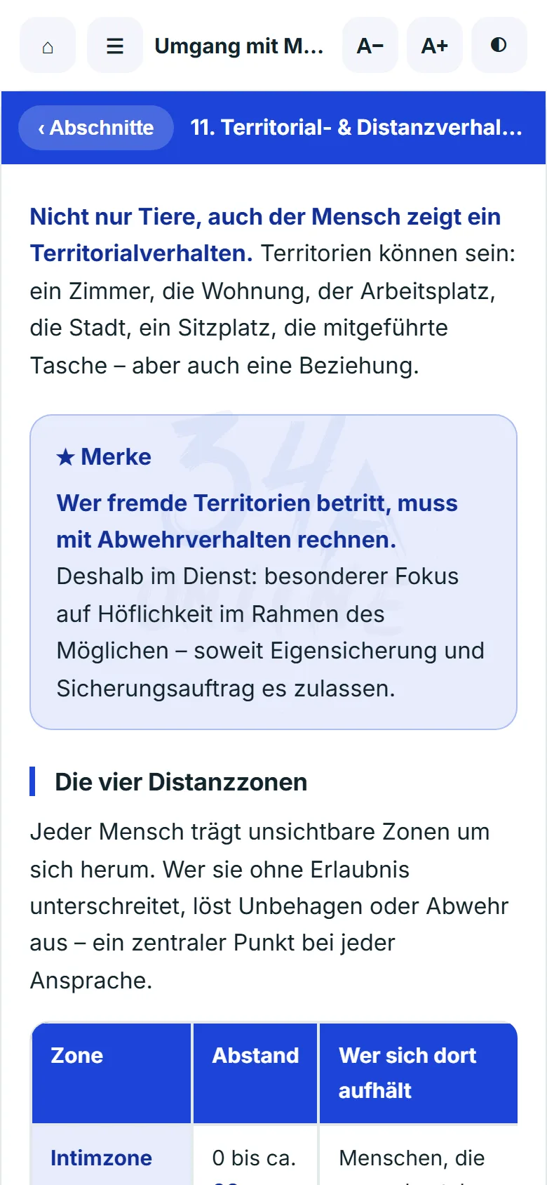 Kapitel „Territorial- und Distanzverhalten“ im Lehrbuch