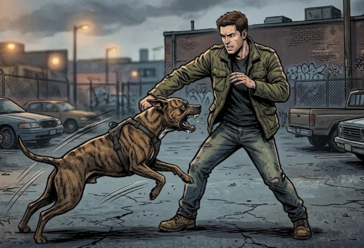 Comic-Fall aus der Rechtfertigungs-Werkstatt: Ein Hund greift einen Mann an